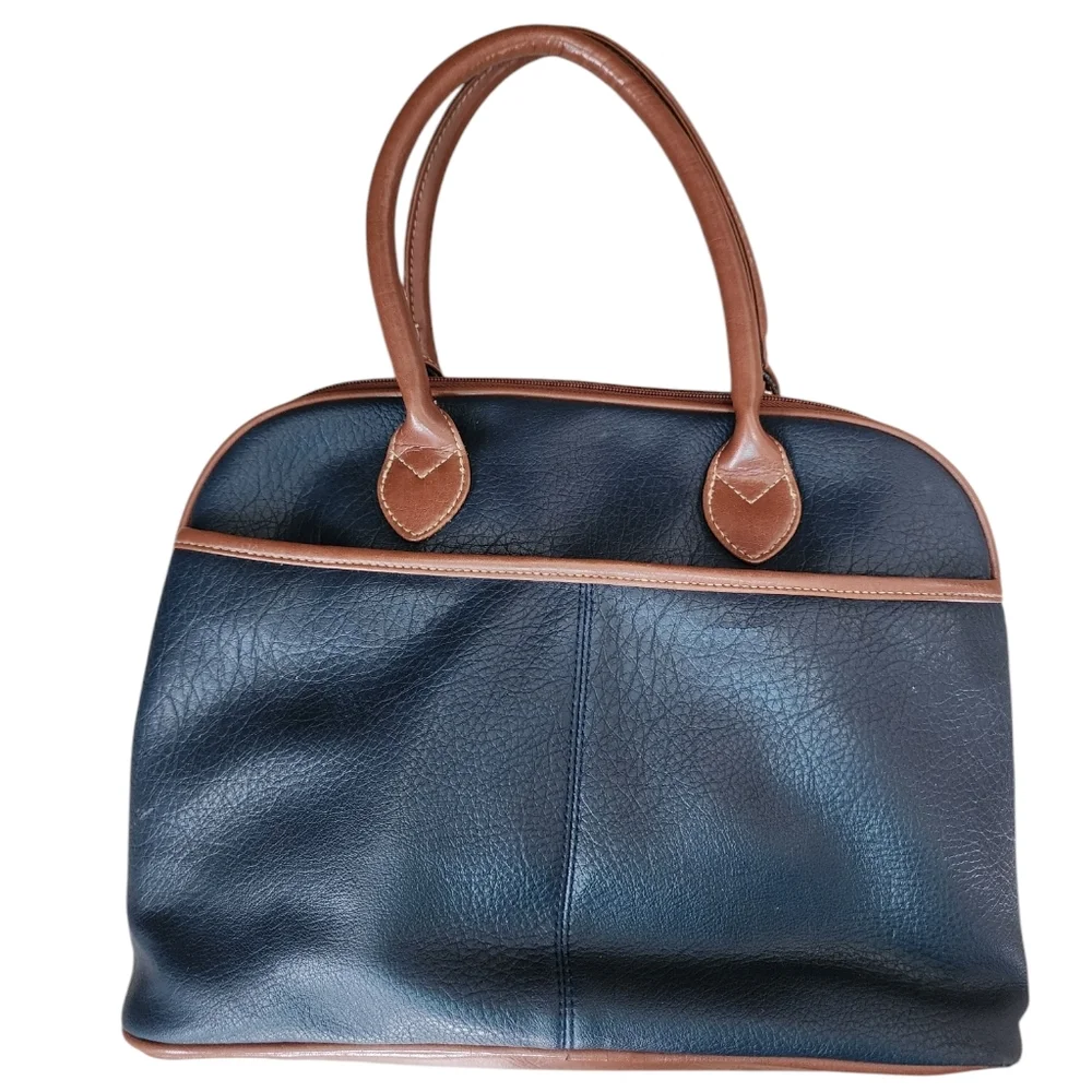 CAPEZIO vintage double handles handbag, navy blue/brown/gold